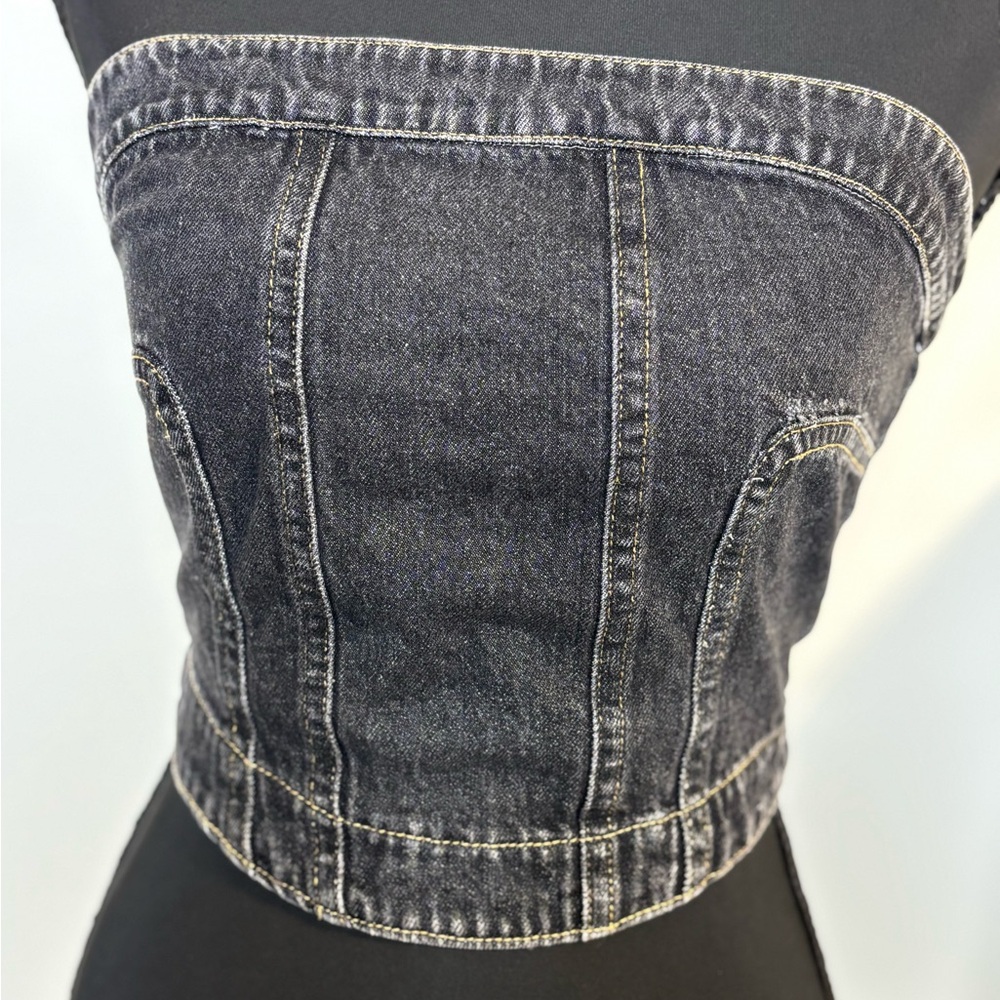 Emory Park Black Denim Bustier Tube Top | Strapless Corset Small Y2K Rave
